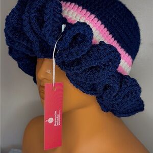 Handmade Navy and Pink Crochet Hat soft warm